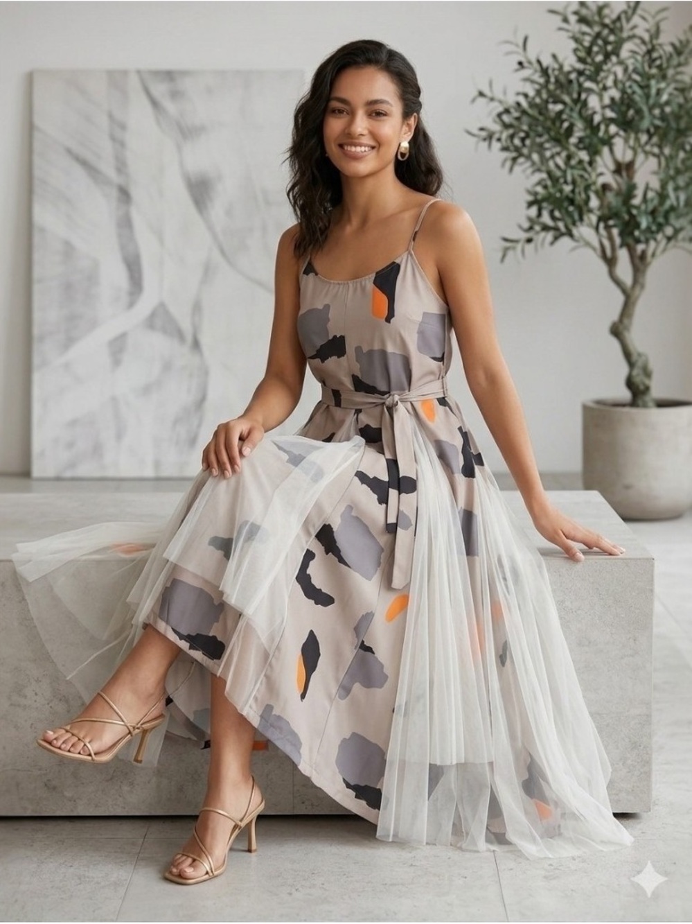 Abstract Print Tulle Midi Dress in Beige, Gray & Orange